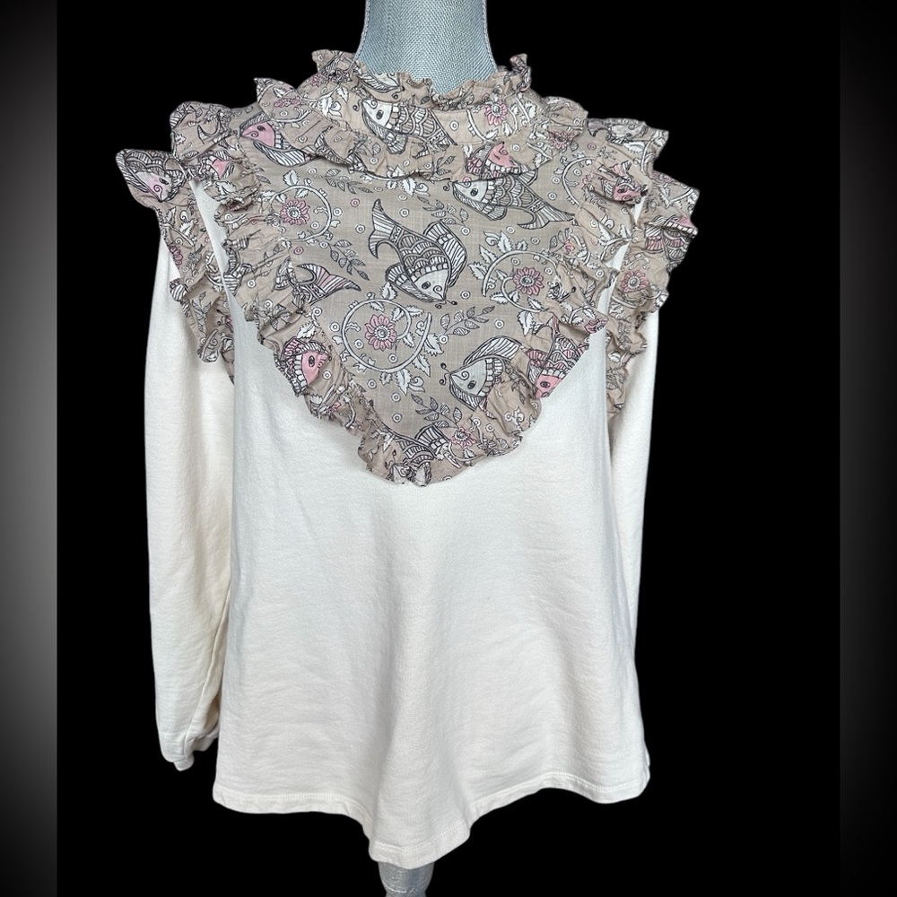 Anthropologie Plus Size Ruffle Yoke Sweatshirt Fish Print White Cottagecore‎ 2X